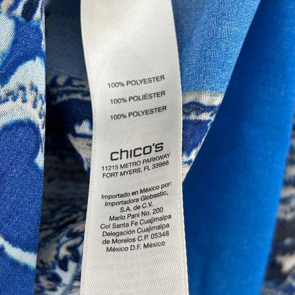 Chico's Duster Blouse Size L Blue White Paisley Button Up Semi Sheer Longline - Picture 12 of 12